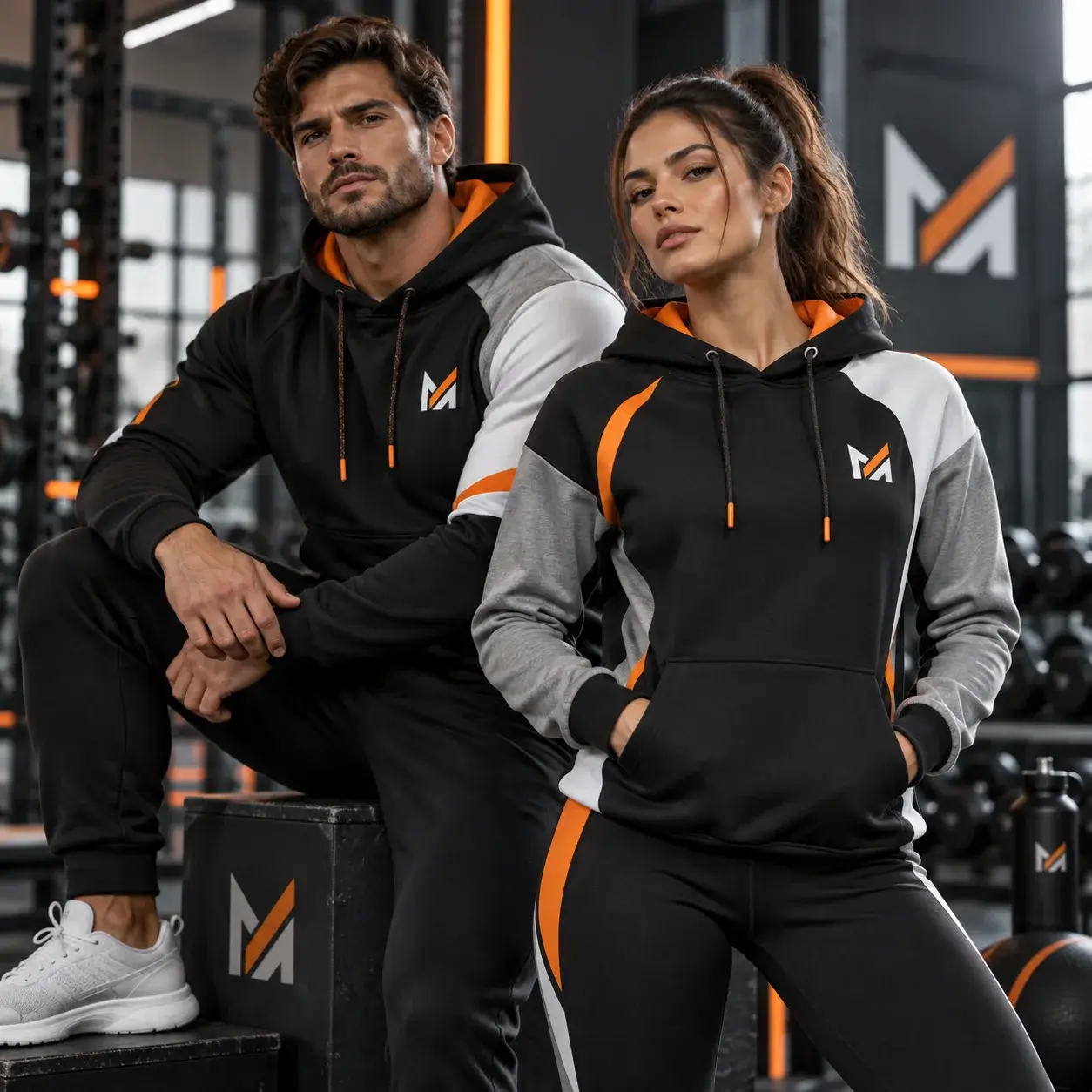 Two models wearing custom black, gray, and white sports hoodies with orange accents and Mega Apparel branding in a modern gym.